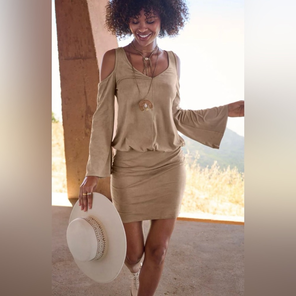 Venus Cold Shoulder Faux Suede Elegant Tan Embellished Back Dress